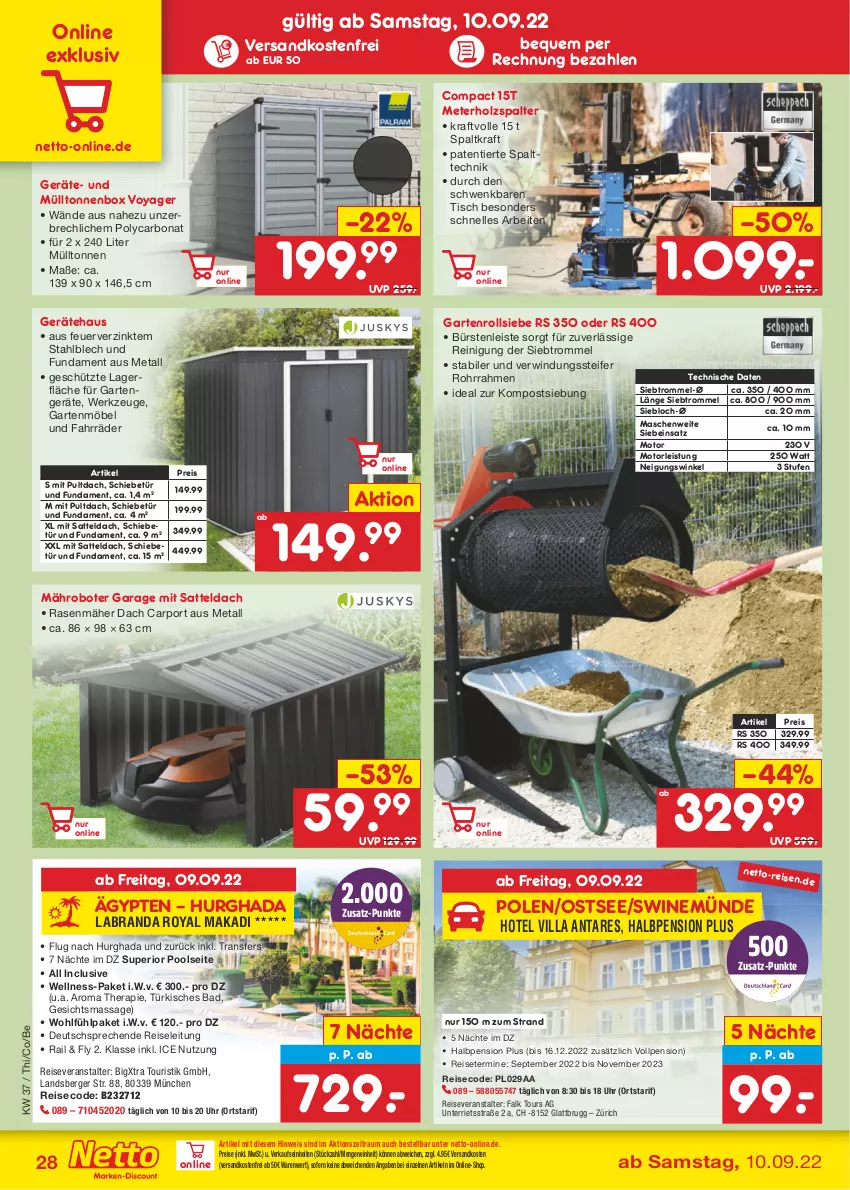 Aktueller Prospekt Netto Marken-Discount - Filial-Angebote - von 12.09 bis 17.09.2022 - strona 28 - produkty: Bad, Berger, Bona, bürste, bürsten, Carport, eis, elle, Garten, gartenmöbel, gsw, Holz, Holzspalter, kraft, labranda, mähroboter, möbel, ndk, pool, rasen, rasenmäher, Reinigung, reis, reiseveranstalter, sattel, Ti, tisch, trommel, uhr, versandkostenfrei, werkzeug, werkzeuge, ZTE