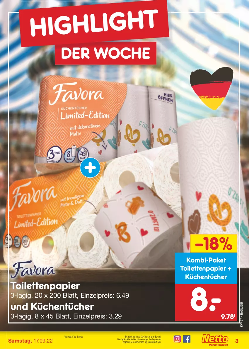 Aktueller Prospekt Netto Marken-Discount - Filial-Angebote - von 12.09 bis 17.09.2022 - strona 3 - produkty: angebot, bestpreis, eis, küche, Küchen, küchentücher, papier, reis, Ti, toilettenpapier, tücher, ZTE