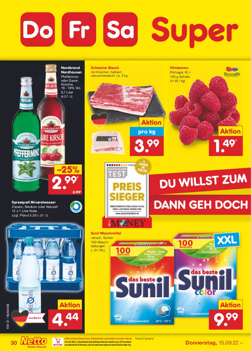 Aktueller Prospekt Netto Marken-Discount - Filial-Angebote - von 12.09 bis 17.09.2022 - strona 30 - produkty: Alwa, Bau, beere, beeren, bestpreis, bier, eis, himbeer, himbeere, himbeeren, kirsch, kirsche, mineralwasser, Mineralwasser Classic, natur, ndk, nordbrand, pfeffer, reis, rel, Schal, Schale, schwein, schweine, schweine-bauch, Spreequell, sunil, Ti, versandkostenfrei, waschmittel, wasser, wein, weine