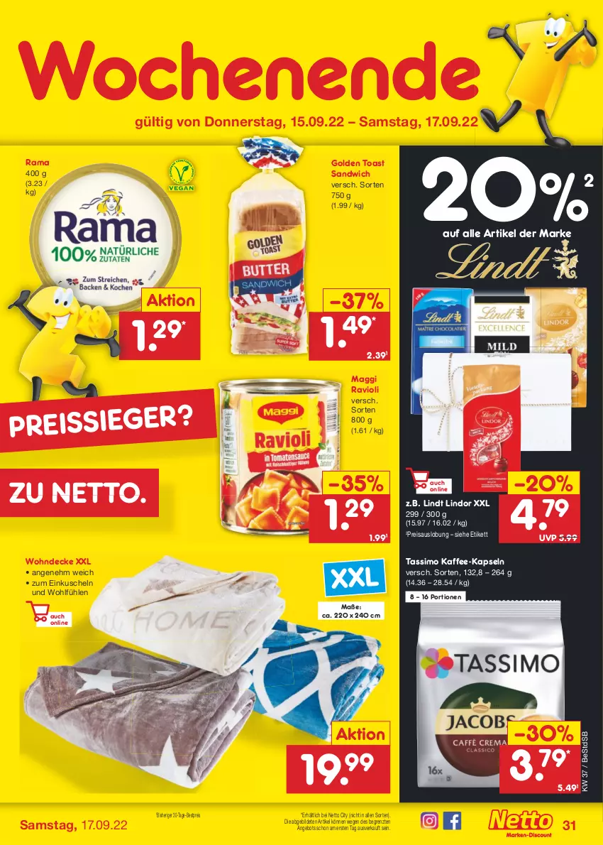 Aktueller Prospekt Netto Marken-Discount - Filial-Angebote - von 12.09 bis 17.09.2022 - strona 31 - produkty: angebot, bestpreis, decke, eis, golden toast, kaffee, kaffee-kapseln, lindor, lindt, maggi, rama, ravioli, reis, reiss, sandwich, sim, tassimo, Ti, toast, ZTE