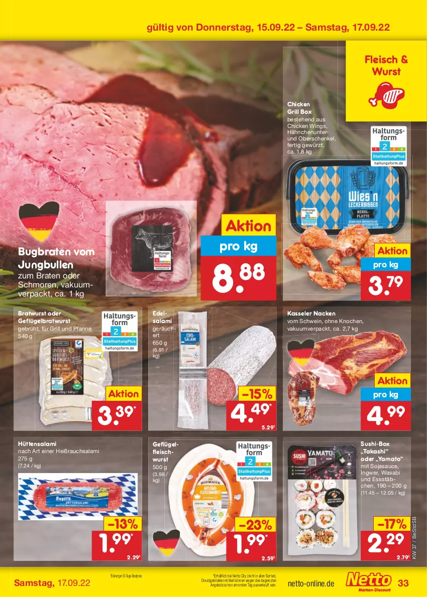 Aktueller Prospekt Netto Marken-Discount - Filial-Angebote - von 12.09 bis 17.09.2022 - strona 33 - produkty: angebot, bestpreis, braten, bratwurst, chicken wings, Edelsalami, eis, fleisch, fleischwurst, für grill und pfanne, Geflügel, gewürz, grill, grill und pfanne, henkel, ingwer, jungbullen, kasseler, pfanne, Rauch, reis, salami, sauce, schenkel, schwein, soja, sojasauce, Sushi, Ti, und pfanne, wasa, wein, wurst, ZTE