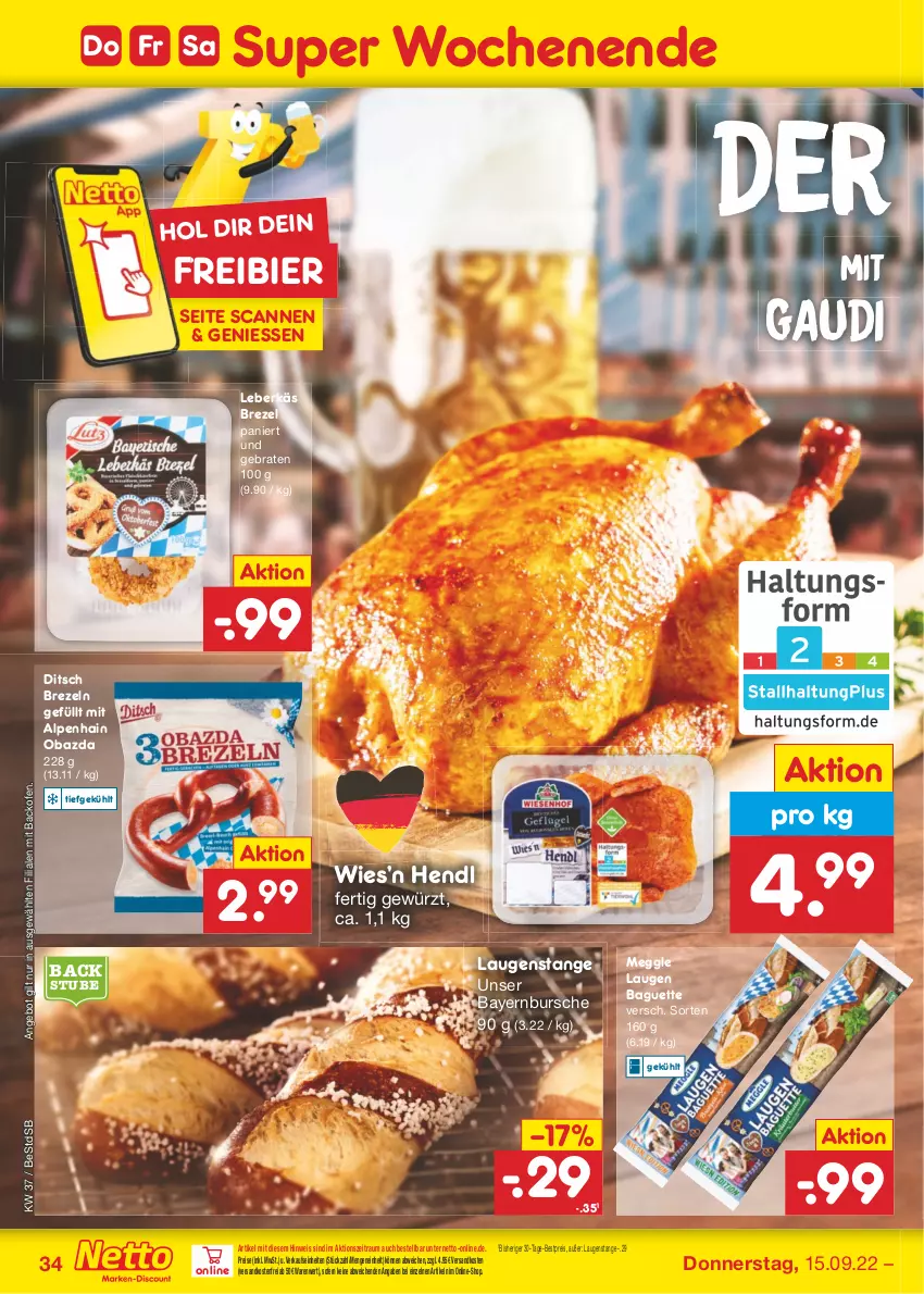 Aktueller Prospekt Netto Marken-Discount - Filial-Angebote - von 12.09 bis 17.09.2022 - strona 34 - produkty: Alpenhain, angebot, backofen, baguette, bestpreis, bier, braten, brezel, Brezeln, eis, gewürz, Hendl, Laugenstange, leberkäs, meggle, ndk, obazda, Ofen, reis, stube, Ti, versandkostenfrei