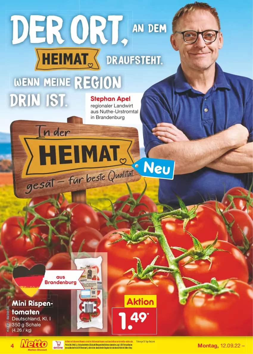 Aktueller Prospekt Netto Marken-Discount - Filial-Angebote - von 12.09 bis 17.09.2022 - strona 4 - produkty: bestpreis, eis, ndk, reis, rispentomaten, Schal, Schale, Ti, tomate, tomaten, versandkostenfrei