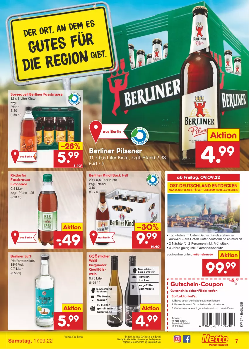 Aktueller Prospekt Netto Marken-Discount - Filial-Angebote - von 12.09 bis 17.09.2022 - strona 7 - produkty: angebot, berliner, berliner kindl, berliner luft, bestpreis, brause, burgunder, coupon, decke, eis, elle, fassbrause, fleisch, gutschein, lamm, lammkeule, LG, likör, limo, limonade, pfeffer, pfefferminzlikör, pils, pilsener, qualitätswein, reis, rotwein, sac, Soße, Spreequell, Ti, wein, Weißburgunder, Weißwein, ZTE