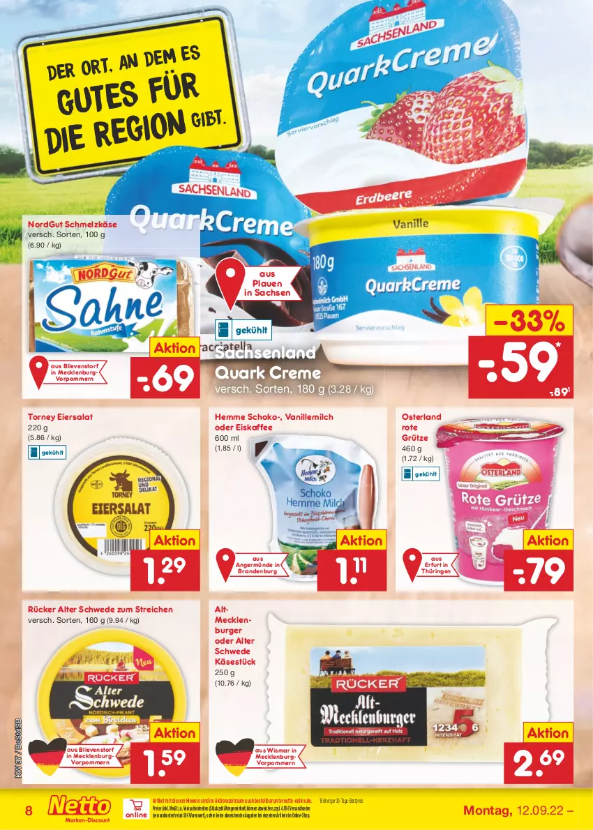 Aktueller Prospekt Netto Marken-Discount - Filial-Angebote - von 12.09 bis 17.09.2022 - strona 8 - produkty: bestpreis, burger, creme, eier, eiersalat, eis, eiskaffee, Germ, grütze, kaffee, Käse, milch, ndk, quark, reis, ring, Rote Grütze, sac, salat, Schmelzkäse, schoko, Ti, vanille, versandkostenfrei