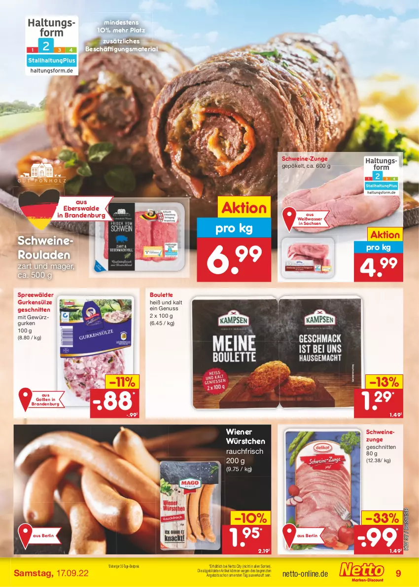 Aktueller Prospekt Netto Marken-Discount - Filial-Angebote - von 12.09 bis 17.09.2022 - strona 9 - produkty: angebot, bestpreis, eis, gewürz, Gewürzgurke, gewürzgurken, gurke, gurken, nero, nuss, Rauch, reis, Ria, rouladen, sac, schnitten, schwein, schweine, Schweineroulade, Schweinezunge, spreewälder, Ti, wasser, wein, weine, wiener, wiener würstchen, würstchen, ZTE