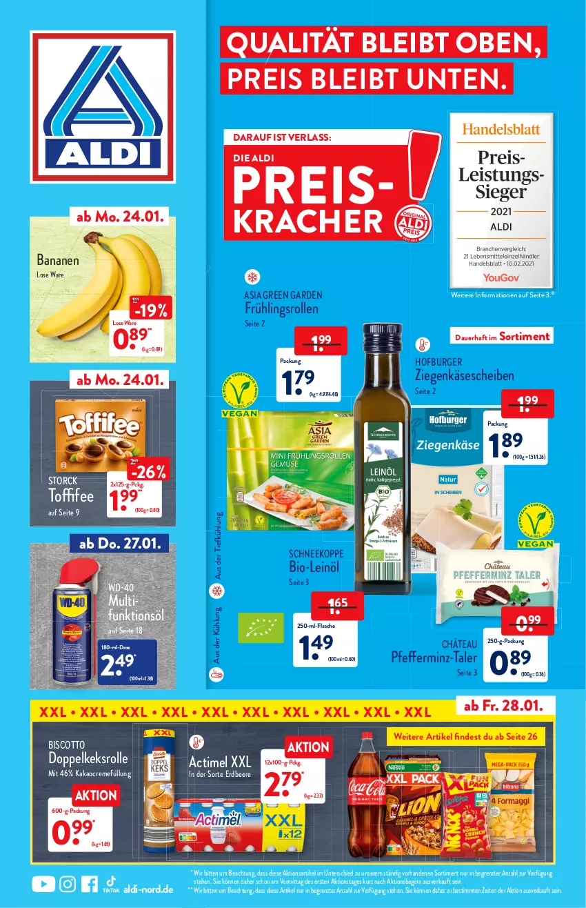 Aktueller Prospekt Aldi Nord - Aldi-Vorschau - von 24.01 bis 29.01.2022 - strona 1 - produkty: actimel, aldi, Asia Green Garden, auer, aus der tiefkühlung, banane, bananen, beere, bio, biscotto, burger, creme, eis, erdbeere, flasche, gin, kakao, Käse, käsescheiben, keks, kracher, leinöl, magazin, pfeffer, reis, storck, Ti, toffifee, ziegenkäse, ZTE