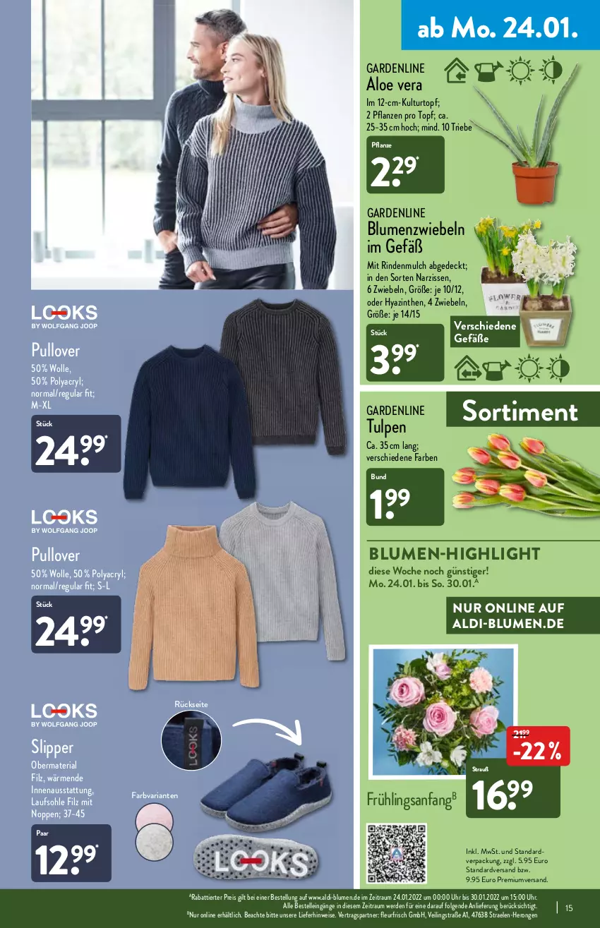 Aktueller Prospekt Aldi Nord - Aldi-Vorschau - von 24.01 bis 29.01.2022 - strona 15 - produkty: aldi, aloe vera, blume, blumen, Blüte, Brei, eis, elle, erde, gin, hero, kulturtopf, LG, Narzissen, pflanze, pflanzen, Pullover, reis, Ria, rind, rindenmulch, slip, Slipper, Ti, topf, uhr, wolle, ZTE, zwiebel, zwiebeln