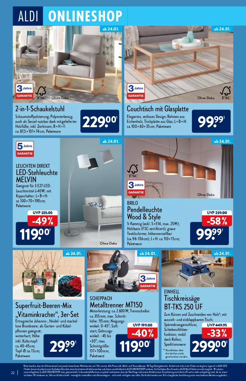 Aktueller Prospekt Aldi Nord - Aldi-Vorschau - von 24.01 bis 29.01.2022 - strona 22 - produkty: aldi, angebot, angebote, auer, Bau, beere, beeren, brombeere, Couch, couchtisch, dell, einhell, eis, elle, erde, Garten, gin, glasplatte, gsw, Holz, HP, kissen, kracher, kübelpflanzen, kulturtopf, lamm, latte, led-stehleuchte, Leuchte, leuchten, leuchtmittel, ndk, Pendelleuchte, pflanze, pflanzen, reis, reiss, rwe, säge, Schal, Schaukel, schirme, Schlitten, schnitten, sessel, stehleuchte, stuhl, Ti, tisch, Tischkreissäge, tischplatte, topf, uhr, vita, zierkissen