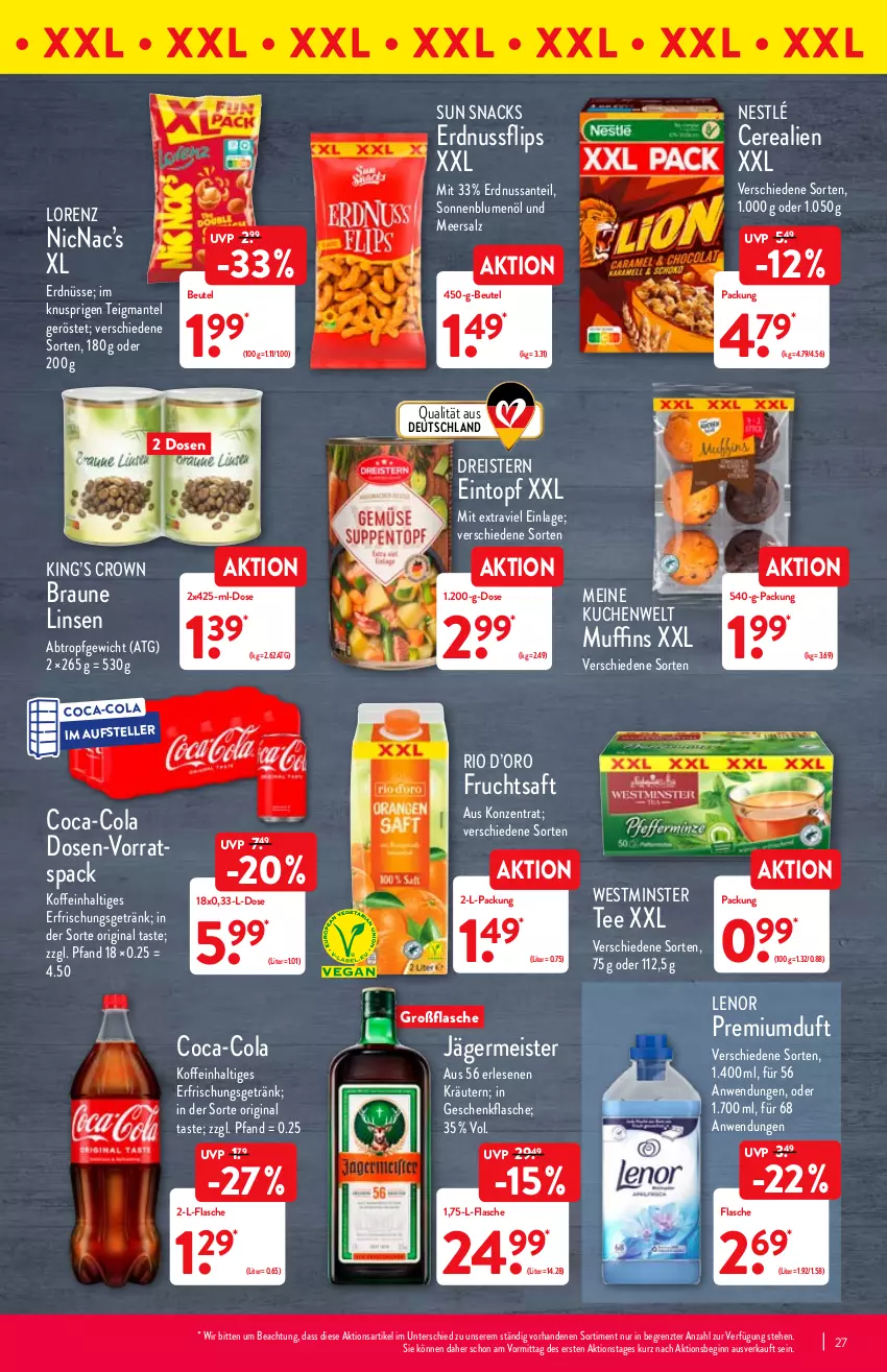 Aktueller Prospekt Aldi Nord - Aldi-Vorschau - von 24.01 bis 29.01.2022 - strona 27 - produkty: beutel, blume, blumen, blumenöl, braun, cerealien, coca-cola, cola, dreistern, eintopf, eis, elle, erdnuss, erdnüsse, erfrischungsgetränk, flasche, frucht, fruchtsaft, Germ, getränk, gin, jägermeister, kräuter, kräutern, kuchen, lenor, linsen, lorenz, Mantel, meersalz, Meister, Muffin, muffins, nestlé, nuss, reis, saft, salz, SANTE, snack, snacks, sonnenblume, sonnenblumen, sonnenblumenöl, Sun Snacks, tee, teller, Ti, topf, ZTE