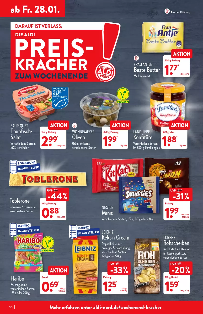 Aktueller Prospekt Aldi Nord - Aldi-Vorschau - von 24.01 bis 29.01.2022 - strona 30 - produkty: aldi, beste butter, beutel, butter, chips, Doppelkekse, eis, elle, fisch, frau antje, frucht, fruchtgummi, haribo, kartoffel, kartoffelchips, keks, kekse, konfitüre, kracher, landliebe, leibniz, lorenz, nestlé, olive, oliven, reis, Rohscheiben, salat, saupiquet, schoko, schokolade, teller, thunfisch, Thunfischsalat, Ti, toblerone