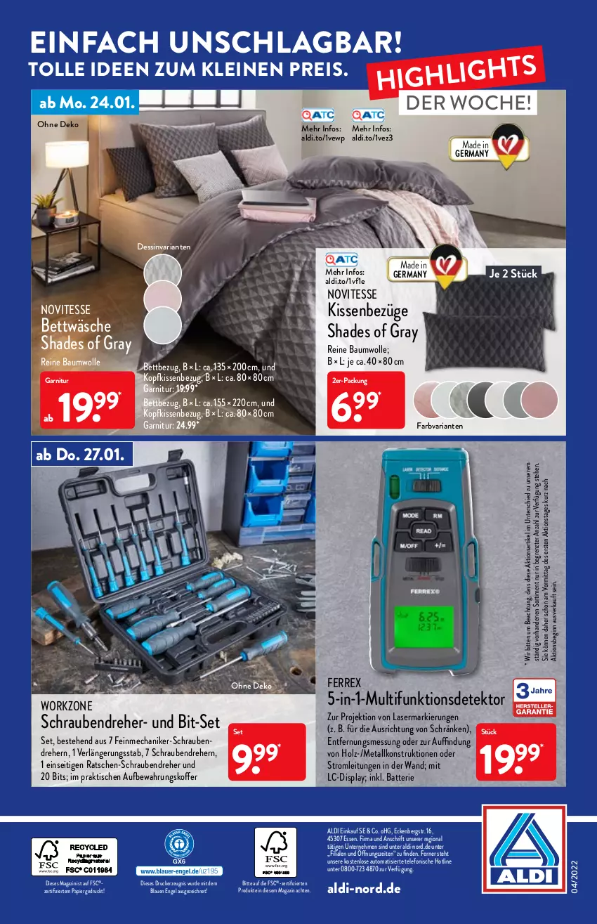 Aktueller Prospekt Aldi Nord - Aldi-Vorschau - von 24.01 bis 29.01.2022 - strona 32 - produkty: aldi, aufbewahrungskoffer, auto, batterie, Bau, baumwolle, bett, bettwäsche, drucker, eis, Engel, ferrex, garnitur, Germ, gin, Holz, kerze, kissen, Kissenbezug, koffer, kopfkissen, kopfkissenbezug, leine, magazin, Nike, papier, reine baumwolle, reis, Ria, schrauben, Schraubendreher, telefon, Ti, tisch, wolle, ZTE