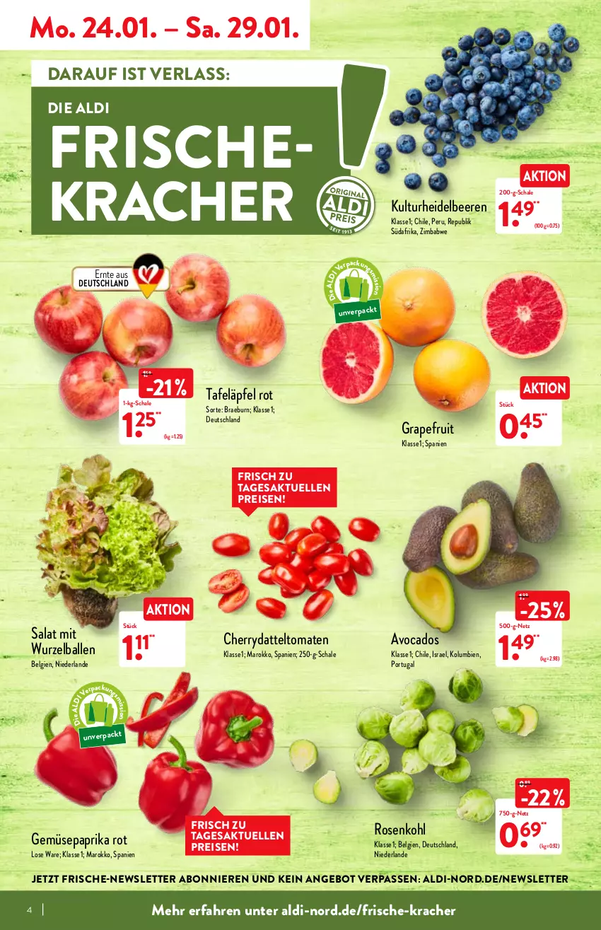 Aktueller Prospekt Aldi Nord - Aldi-Vorschau - von 24.01 bis 29.01.2022 - strona 4 - produkty: aldi, angebot, avocado, avocados, ball, beere, beeren, datteltomaten, eis, elle, grapefruit, heidelbeere, heidelbeeren, kracher, LG, paprika, paprika rot, reis, rosen, Rosenkohl, salat, Schal, Schale, tafeläpfel, Ti, tomate, tomaten