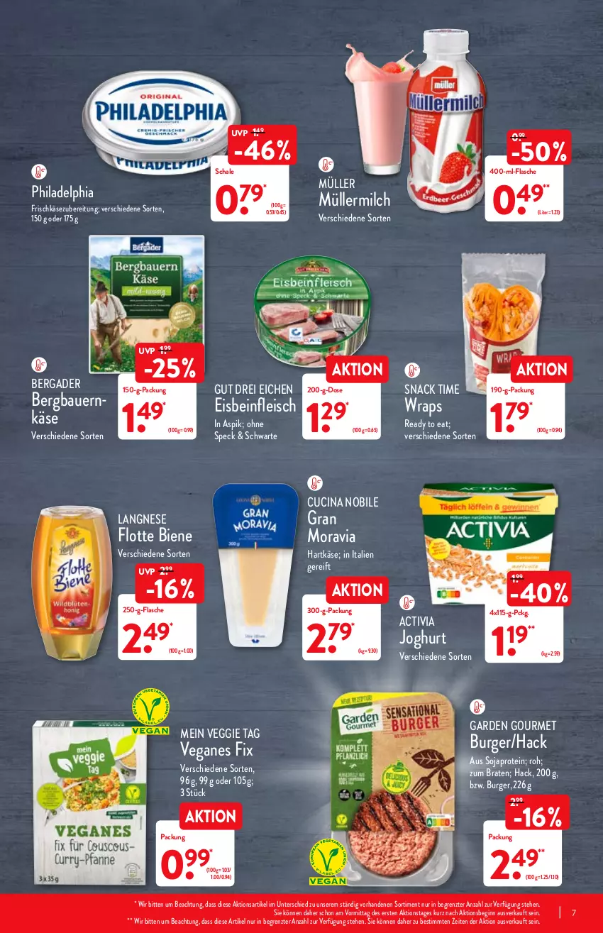 Aktueller Prospekt Aldi Nord - Aldi-Vorschau - von 24.01 bis 29.01.2022 - strona 7 - produkty: activia, auer, Bau, Bauer, bergader, braten, burger, cin, eis, flasche, fleisch, frischkäse, frischkäsezubereitung, garden gourmet, gin, hartkäse, joghur, joghurt, Käse, langnese, milch, Müller, müllermilch, philadelphia, Schal, Schale, snack, snack time, soja, Speck, Ti, veggie, wrap, wraps, ZTE