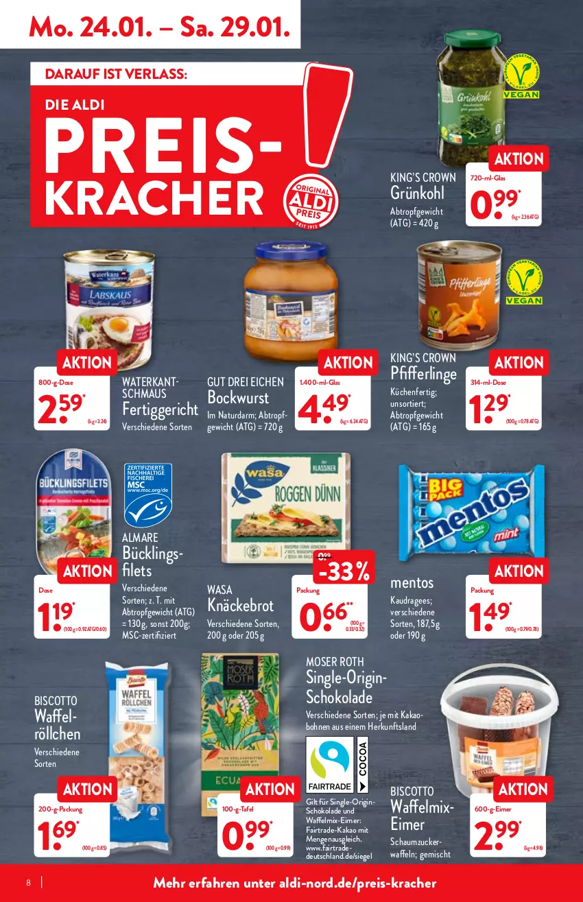 Aktueller Prospekt Aldi Nord - Aldi-Vorschau - von 24.01 bis 29.01.2022 - strona 8 - produkty: aldi, almare, biscotto, bockwurst, bohne, bohnen, brot, eimer, eis, fertiggericht, filet, filets, gin, kakao, knäckebrot, kracher, küche, Küchen, Maus, mentos, moser, Moser Roth, natur, Pfifferlinge, reis, Schaumzucker, schoko, schokolade, Ti, waffeln, Waffelröllchen, wasa, wurst, zucker