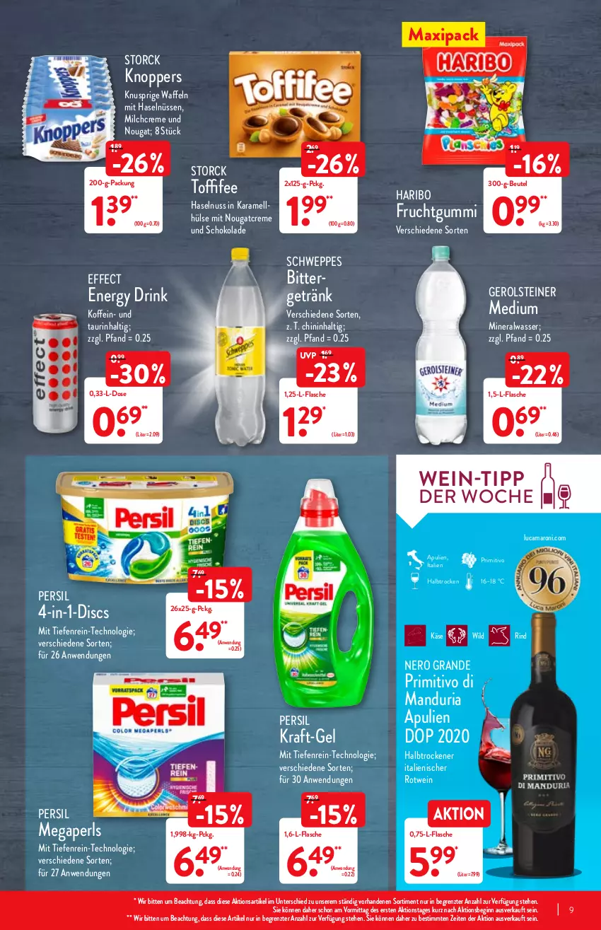 Aktueller Prospekt Aldi Nord - Aldi-Vorschau - von 24.01 bis 29.01.2022 - strona 9 - produkty: Alwa, amaro, beutel, creme, drink, Effect, energy drink, flasche, frucht, fruchtgummi, gerolsteine, gerolsteiner, getränk, gin, haribo, haselnuss, karamell, Käse, knoppers, kraft, milch, mineralwasser, nero, Nougatcreme, nuss, persil, primitivo, Ria, rind, rotwein, schoko, schokolade, schweppes, steiner, storck, Ti, toffifee, waffeln, wasser, wein, Wild, ZTE