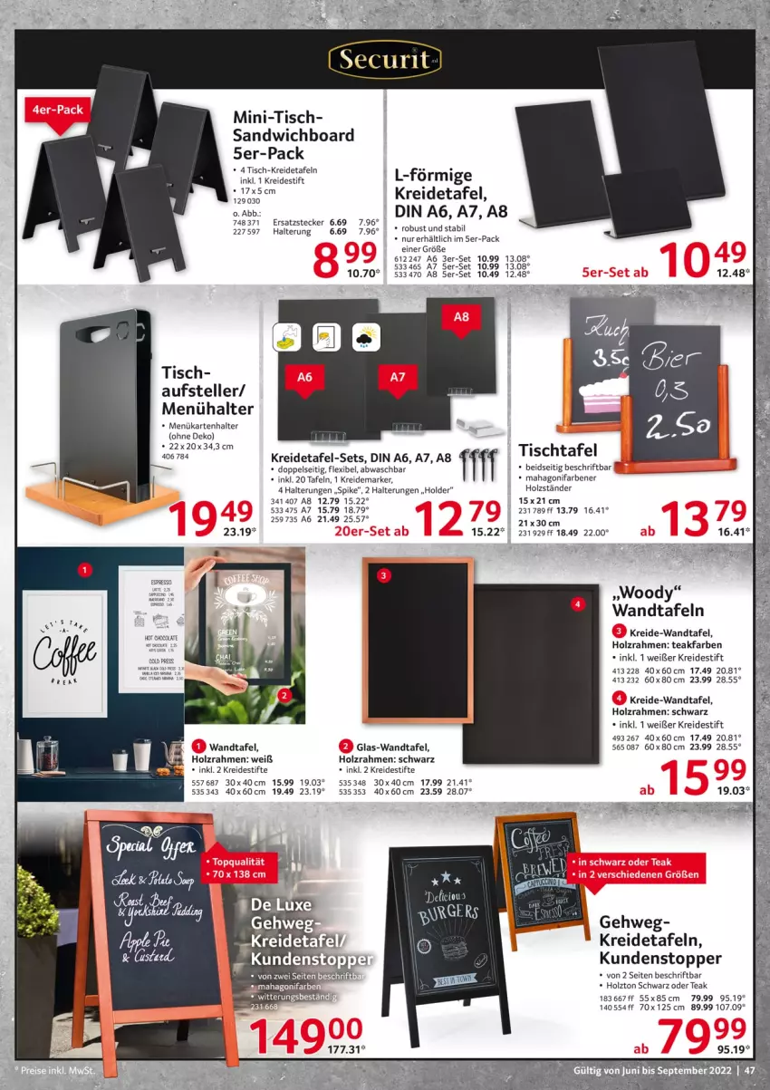 Aktueller Prospekt Selgros - Gastronomie - von 01.06 bis 30.09.2022 - strona 47 - produkty: cola, elle, espresso, Holz, Kreide, Kreidemarker, sandwich, stifte, tee, teller, Ti, tisch, Tischtafel, topper, Wandtafel