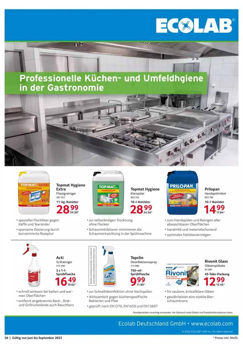 Aktueller Prospekt Selgros - Gastronomie - von 01.06 bis 30.09.2022 - strona 56 - produkty: bier, bio, biozidprodukte, Clin, Desinfektion, eis, elle, fisch, fische, flasche, Gläser, grill, Grillreiniger, klarspüler, krone, küche, Küchen, pilze, pril, Rauch, reiniger, reis, rezept, Ria, rwe, Spezi, sprühflasche, Spülen, spülmittel, tee, Ti, WICK