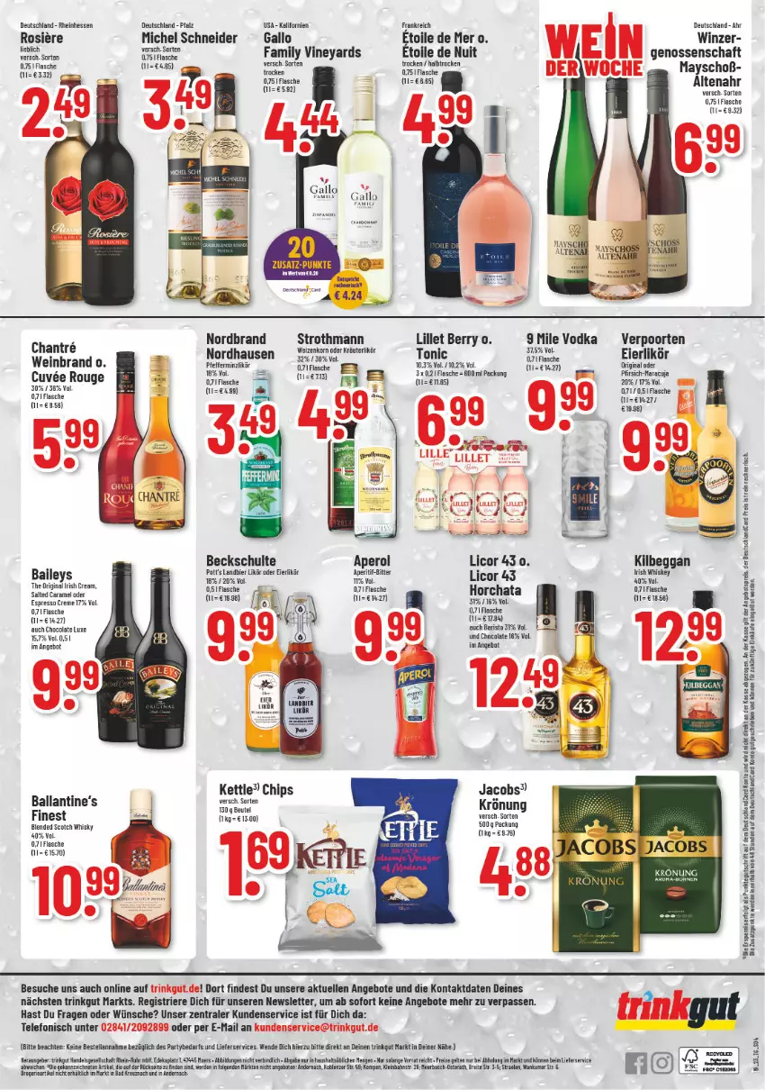 Aktueller Prospekt Trinkgut - von 08.05 bis 13.05.2023 - strona 4 - produkty: angebot, angebote, aperitif, aperol, Bad, becks, bier, blended scotch, blended scotch whisky, chips, cola, deka, eier, eierlikör, eis, elle, erde, flasche, gallo, gin, irish whiskey, jacobs, kilbeggan, korn, kräuter, kräuterlikör, LG, licor, licor 43, lieferservice, likör, lillet, maracuja, Michel Schneider, nordbrand, oder kräuter, pfeffer, pfefferminzlikör, pfirsich, reis, rouge, scotch, scotch whisky, tee, telefon, Ti, tonic, uhr, verpoorten, vodka, wein, weinbrand, weizenkorn, whiskey, whisky