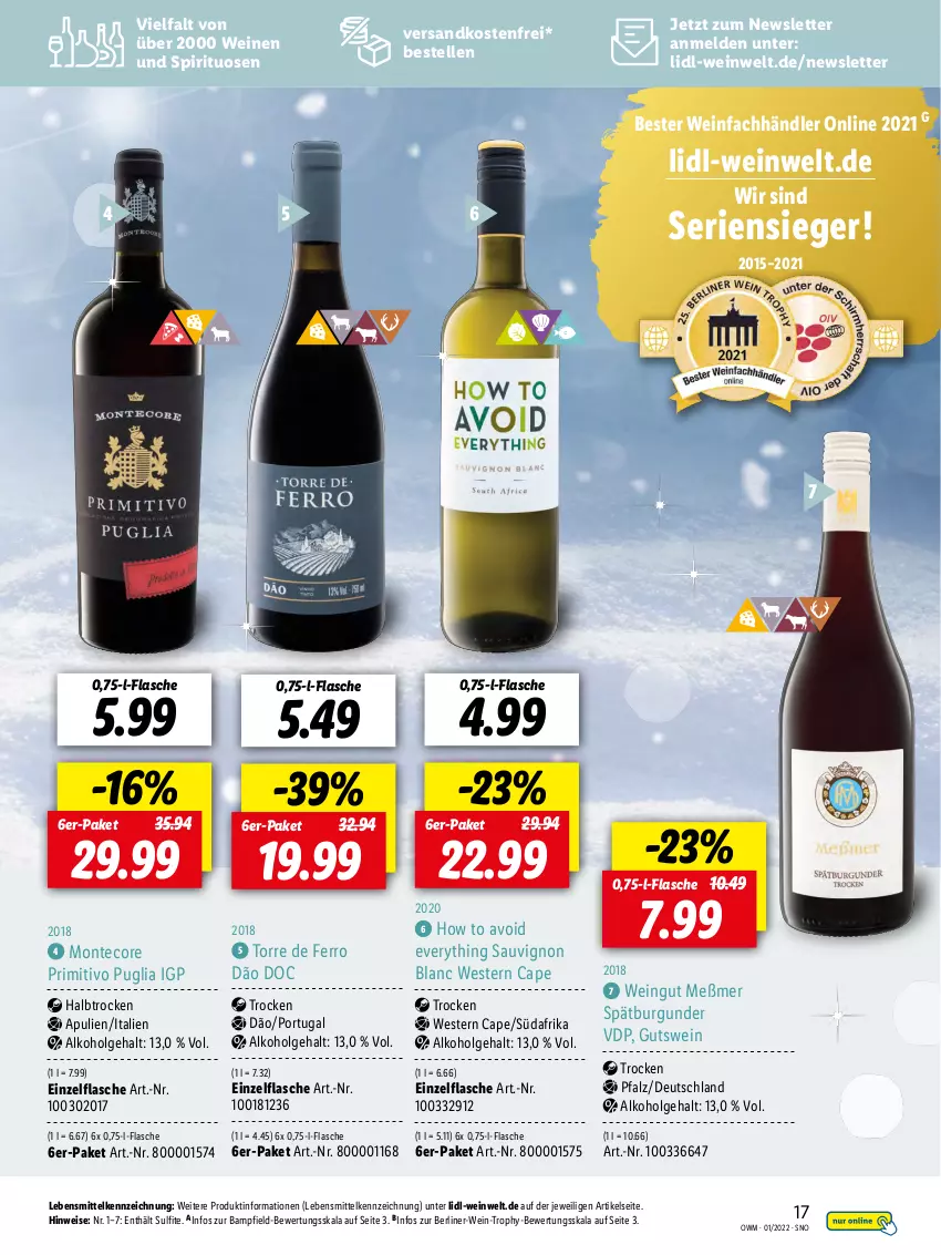 Aktueller Prospekt Lidl - Beste Weine für jeden Anlass - von 01.01 bis 31.01.2022 - strona 17 - produkty: alkohol, berliner, burgunder, Cap, eis, elle, flasche, lebensmittel, LG, Meßmer, monte, ndk, primitivo, sauvignon, sauvignon blanc, spätburgunder, spirituosen, Ti, versandkostenfrei, wein, weine, Weste