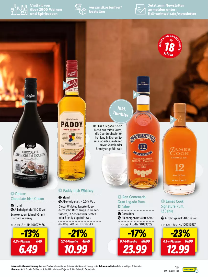 Aktueller Prospekt Lidl - Beste Weine für jeden Anlass - von 01.01 bis 31.01.2022 - strona 19 - produkty: alkohol, cola, eis, elle, ente, flasche, irish cream, irish whiskey, lebensmittel, LG, likör, milch, natur, ndk, reifen, rum, sahne, schoko, schokolade, schokoladen, scotch, soja, spirituosen, Ti, versandkostenfrei, wein, weine, whiskey, zucker