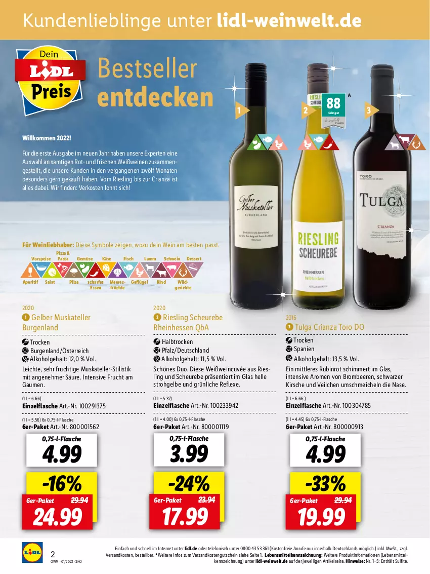 Aktueller Prospekt Lidl - Beste Weine für jeden Anlass - von 01.01 bis 31.01.2022 - strona 2 - produkty: alkohol, aperitif, beere, beeren, brombeere, brombeeren, cuvée, decke, dessert, eis, elle, fisch, flasche, frucht, früchte, Geflügel, Gelber Muskateller, gutschein, Heu, Käse, kirsch, kirsche, lamm, lebensmittel, LG, meeresfrüchte, ndk, pasta, pilze, pizza, Ria, riesling, rind, Rubin, salat, schwein, telefon, teller, Ti, vorspeise, wein, weine, Weißwein, Wild