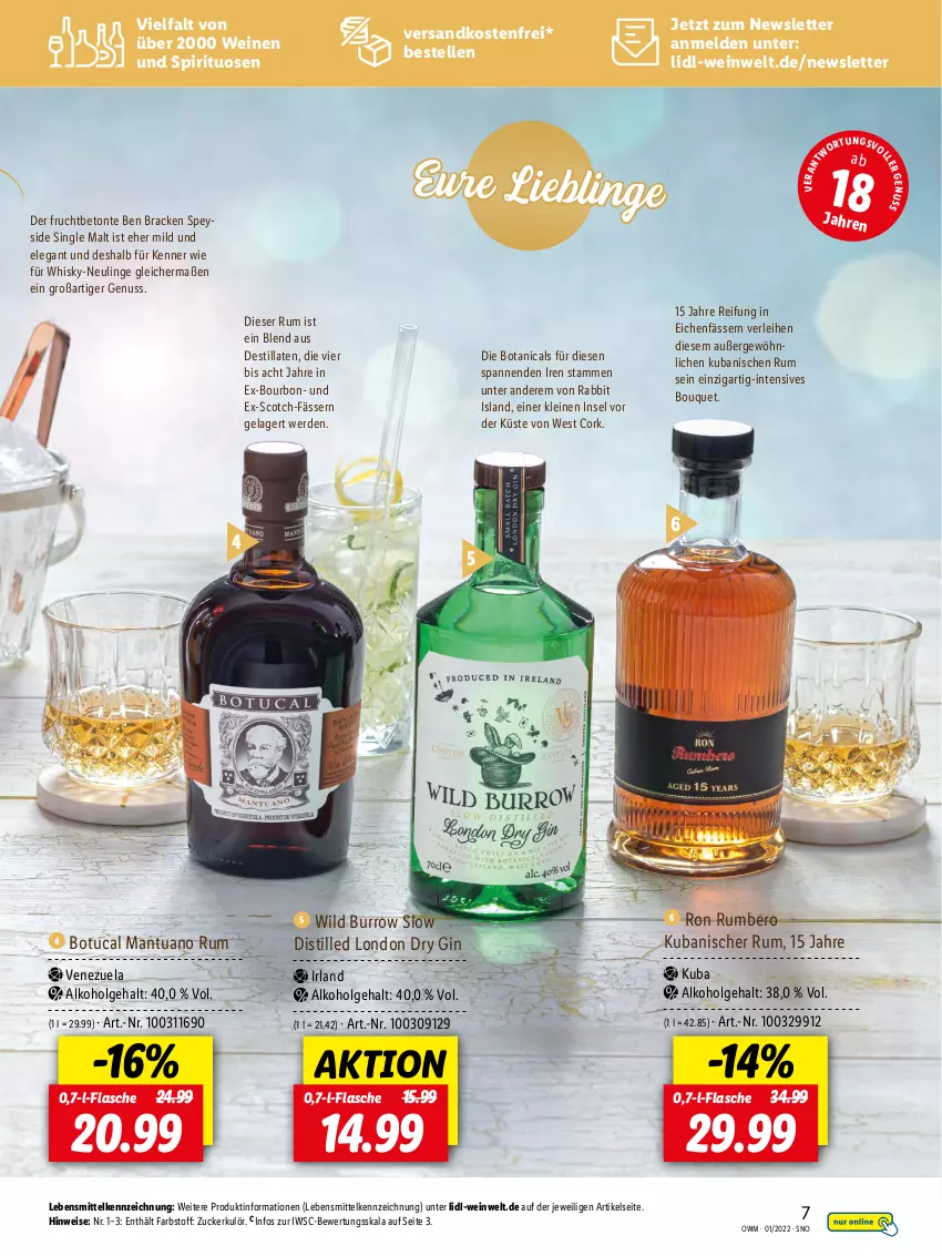 Aktueller Prospekt Lidl - Beste Weine für jeden Anlass - von 01.01 bis 31.01.2022 - strona 7 - produkty: bourbon, dry gin, eis, elle, erde, flasche, frucht, gin, lebensmittel, leine, LG, london dry, london dry gin, ndk, nuss, rum, scotch, single malt, spirituosen, Ti, tuc, versandkostenfrei, wein, weine, whisky, Wild, zucker