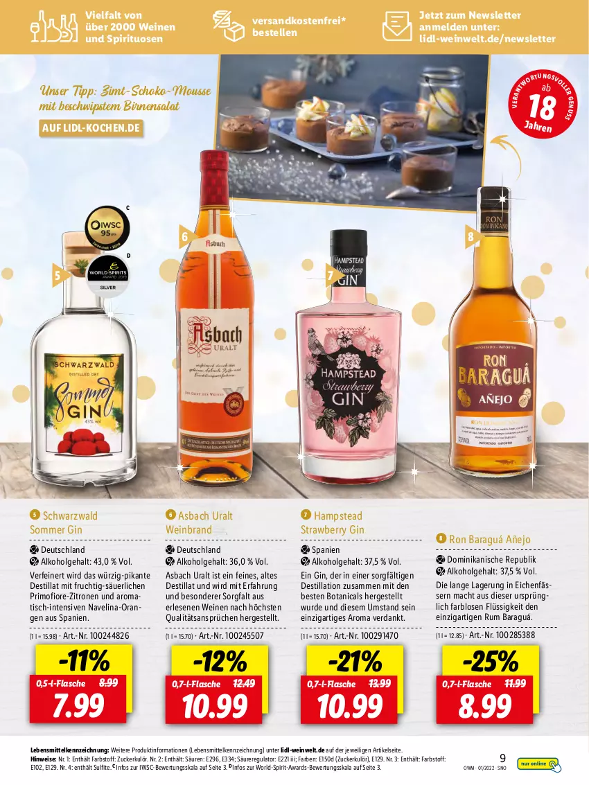 Aktueller Prospekt Lidl - Beste Weine für jeden Anlass - von 01.01 bis 31.01.2022 - strona 9 - produkty: alkohol, asbach uralt, Birnen, eis, elle, flasche, frucht, gin, lebensmittel, LG, mac, mit frucht, mousse, navelina, ndk, orange, orangen, rum, salat, schoko, spirituosen, Ti, tisch, versandkostenfrei, wein, weinbrand, weine, zitrone, zitronen, zucker