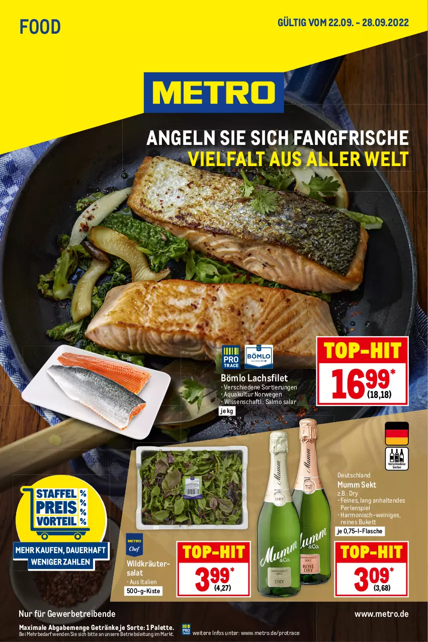 Aktueller Prospekt Metro - Food - von 22.09 bis 28.09.2022 - strona 1 - produkty: aqua, filet, flasche, getränk, getränke, kräuter, lachs, lachsfilet, Metro, mumm, Palette, perlen, rwe, salat, sekt, Ti, top-hit, wein, Wild