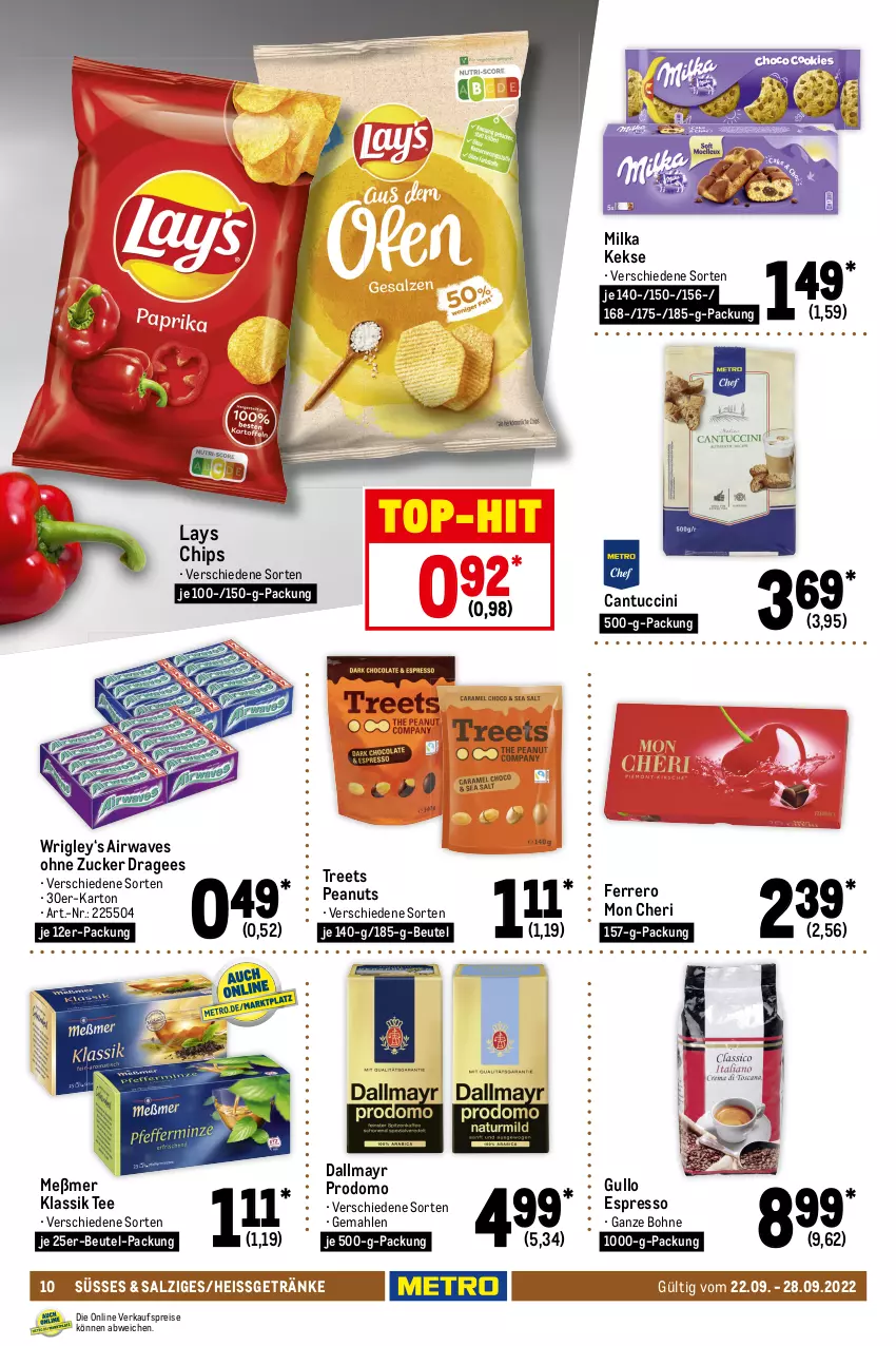 Aktueller Prospekt Metro - Food - von 22.09 bis 28.09.2022 - strona 10 - produkty: aufstrich, barilla, beutel, bio, bio gemüse, bohne, cantuccini, chips, cin, corny, creme, dallmayr, dallmayr prodomo, eis, espresso, ferrero, fisch, flasche, frucht, fruchtaufstrich, früchte, gemüsemais, getränk, getränke, keks, kekse, Kellogg‘s, Konserven, lays, mais, Meßmer, milka, miracel, miracel whip, müsli, natives olivenöl, natur, olive, oliven, olivenöl, olivenöl extra, pasta, Pasta Sauce, pesto, prodomo, reis, riegel, salat, salatcreme, salz, sauce, saucen, saupiquet, tee, thunfisch, Ti, top-hit, tuc, zucker