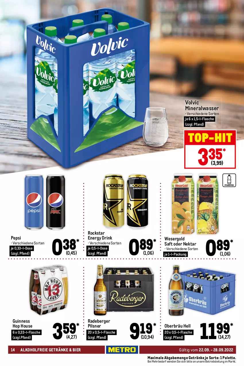 Aktueller Prospekt Metro - Food - von 22.09 bis 28.09.2022 - strona 14 - produkty: alkohol, alkoholfreie getränke, Alwa, ariel, Berger, bier, drink, energy drink, feinwaschmittel, flasche, getränk, getränke, Guinness, kosmetik, lenor, mineralwasser, Nektar, Palette, papier, pepsi, perwoll, pils, pilsner, Pods, radeberger, radeberger pilsner, reiniger, Rockstar, saft, Softlan, spülmittel, Tasche, taschen, taschentücher, Taschentücherbox, Tempo, Ti, toilettenpapier, top-hit, tücher, vollwaschmittel, volvic, waschmittel, wasser, weichspüler, zewa