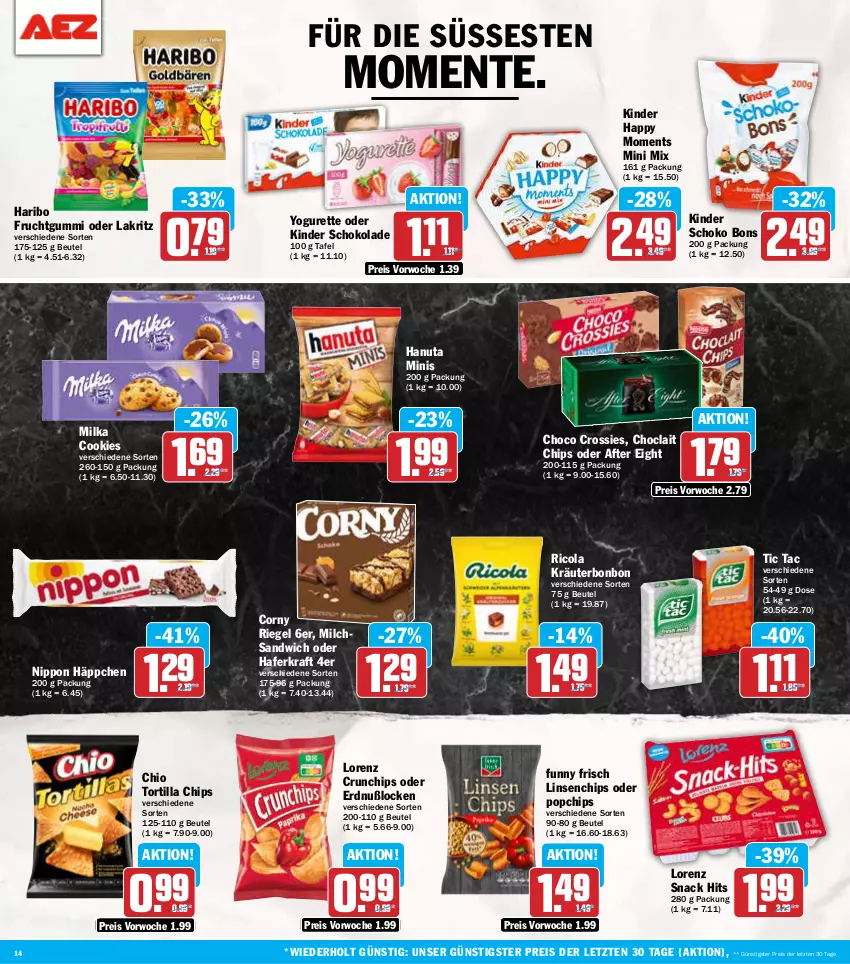 Aktueller Prospekt Aez - Prospekte - von 30.12.2025 bis 04.01.2026 - strona 14 - produkty: after eight, beutel, chips, choclait chips, choco crossies, cola, cookie, cookies, corny, crossies, crunchips, eis, ente, frucht, fruchtgummi, Funny Frisch, hafer, hanuta, haribo, Kinder, kinder schokolade, kraft, kräuter, Lakritz, linsen, lorenz, lorenz crunchips, milch, milka, nippon, oder lakritz, reis, Ricola, riegel, sandwich, schoko, schokolade, snack, snack hits, Ti, tortilla, Tortilla Chips, Yo, yogurette, ZTE