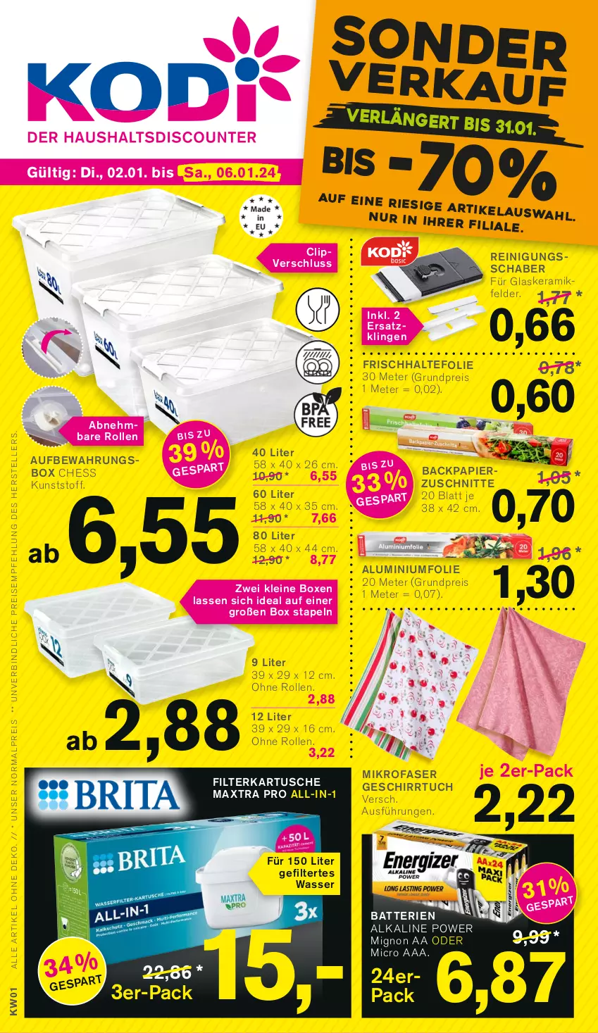 Aktueller Prospekt Kodi - Prospekte - von 01.01 bis 06.01.2023 - strona 1 - produkty: Aluminiumfolie, aufbewahrungsbox, batterie, batterien, eis, geschirr, geschirrtuch, leine, Maxtra, mikrofaser, papier, Reinigung, reis, Ti, tuc, wasser