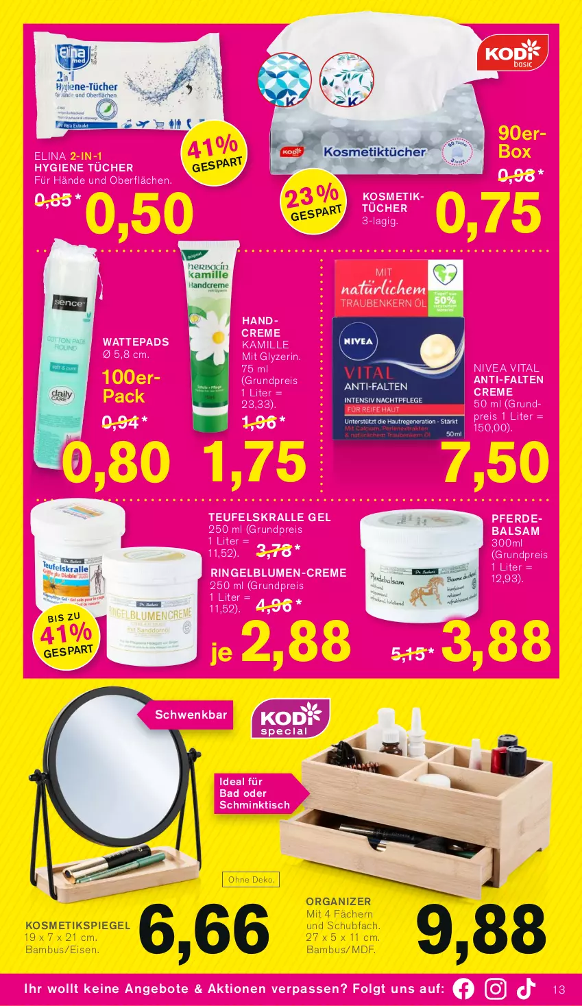 Aktueller Prospekt Kodi - Prospekte - von 01.01 bis 06.01.2023 - strona 13 - produkty: angebot, angebote, Bad, balsam, bambus, blume, blumen, creme, eis, erde, handcreme, Kamill, kamille, kosmetik, Kosmetikspiegel, LG, nivea, reis, ring, spiegel, Ti, tisch, tücher, vita, wattepads