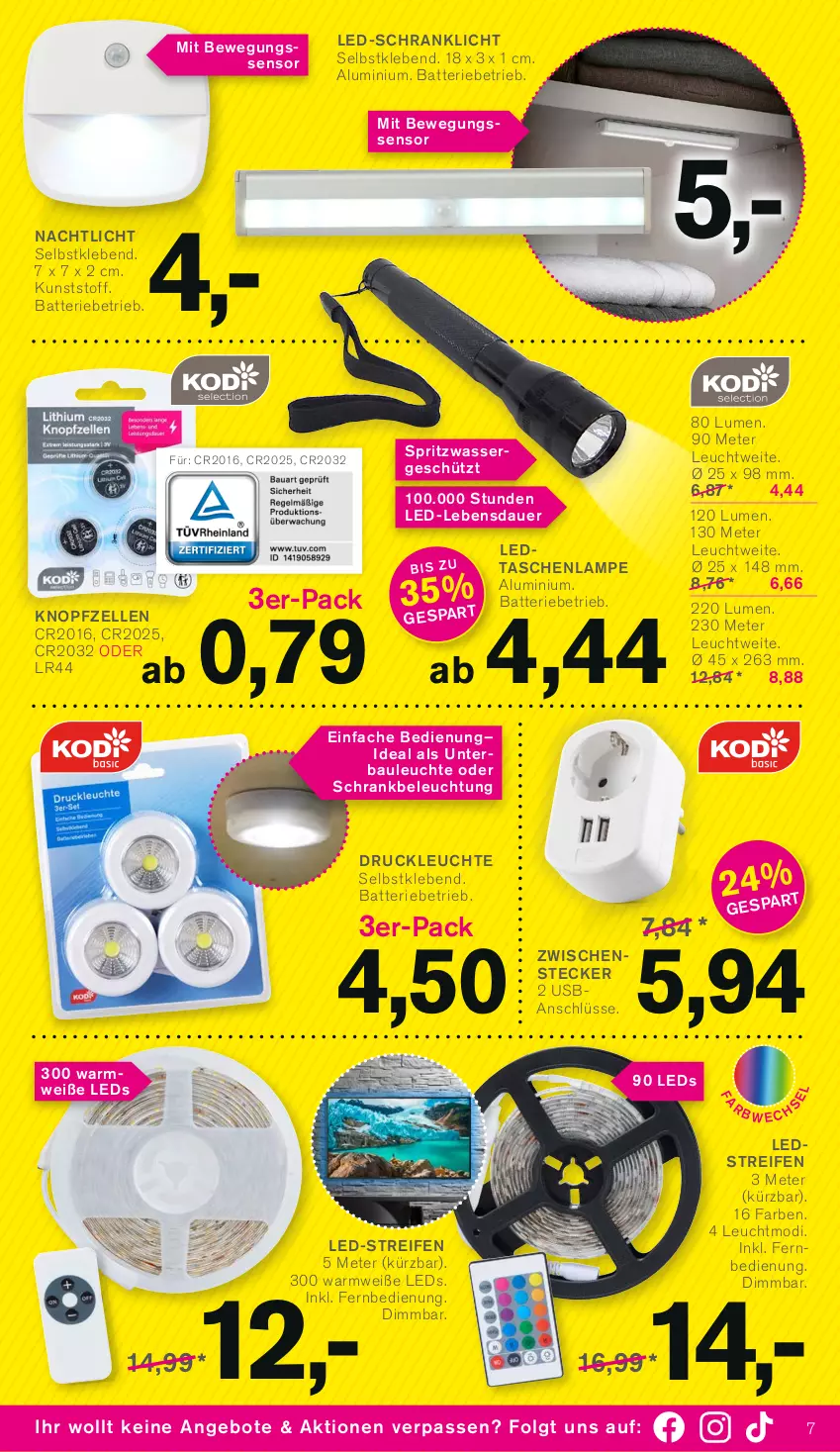 Aktueller Prospekt Kodi - Prospekte - von 01.01 bis 06.01.2023 - strona 7 - produkty: angebot, angebote, auer, batterie, Bau, beleuchtung, Bewegungssensor, elle, fernbedienung, Lampe, leds, Leuchte, LG, Nachtlicht, reifen, Schrank, Tasche, taschen, taschenlampe, Ti, usb, wasser