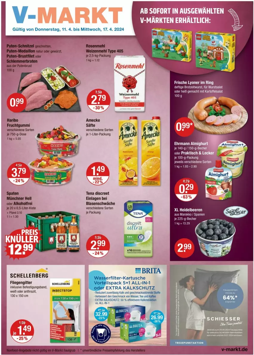 Aktueller Prospekt Vmarkt - Prospekte - von 11.04 bis 17.04.2024 - strona 1 - produkty: alkohol, amecke, brita, brot, Discreet, elle, fliegengitter, frucht, fruchtgummi, haribo, kaffee, kartoffel, kartoffelsalat, Liege, mac, mehl, rosen, Rosenmehl, säfte, salat, Spaten, tee, Ti, tisch, type 405, wasser, weizenmehl, wurst