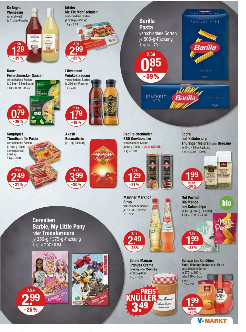 Aktueller Prospekt Vmarkt - Prospekte - von 11.04 bis 17.04.2024 - strona 7 - produkty: Bad, barilla, basmati, beutel, bio, bonne maman, chips, creme, eis, erdnuss, essig, feinkost, feinschmecker, fisch, flasche, gewürz, gewürzsalz, je 1-liter-flasche, knorr, kokos, konfitüre, kräuter, löwensenf, mam, mango, Mautner, nuss, pasta, reis, ring, salz, sauce, saucen, saupiquet, Schal, Schale, Schwartau, senf, sirup, thunfisch, Ti, wein, weine, zucker