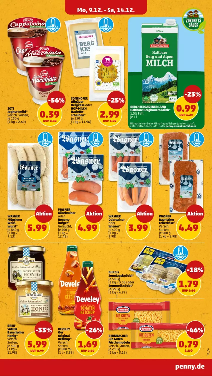 Aktueller Prospekt Penny - Prospekte - von 09.12 bis 14.12.2024 - strona 19 - produkty: auer, Bau, Bauer, Bergkäse, Brei, burger, Debreziner, develey, gin, honig, joghur, joghurt, joghurt mild, Käse, Käsekrainer, ketchup, Knödel, leberkäs, leberkäse, LG, mac, milch, nudel, nudeln, Rauch, Semmel, Semmelknödel, wiener, wurst, zott