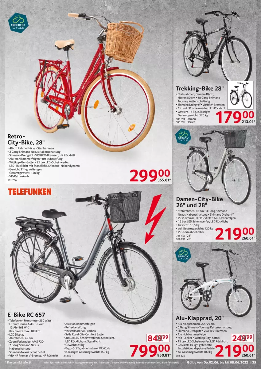 Aktueller Prospekt Selgros - Nonfood - von 02.06 bis 08.06.2022 - strona 25 - produkty: akku, Bau, E-Bike, elle, felgen, gabel, Kette, Klapprad, korb, LG, nabendynamo, nexus, promax, rücklicht, sattel, sattelstütze, Schal, shimano, telefunken, Ti