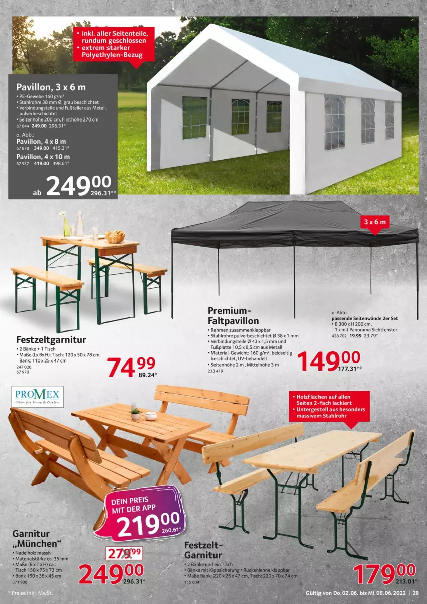 Aktueller Prospekt Selgros - Nonfood - von 02.06 bis 08.06.2022 - strona 29 - produkty: Bank, elle, ente, Faltpavillon, fenster, garnitur, Holz, lack, latte, pavillon, rama, Ria, teller, Ti, tisch, tuc, Zelt