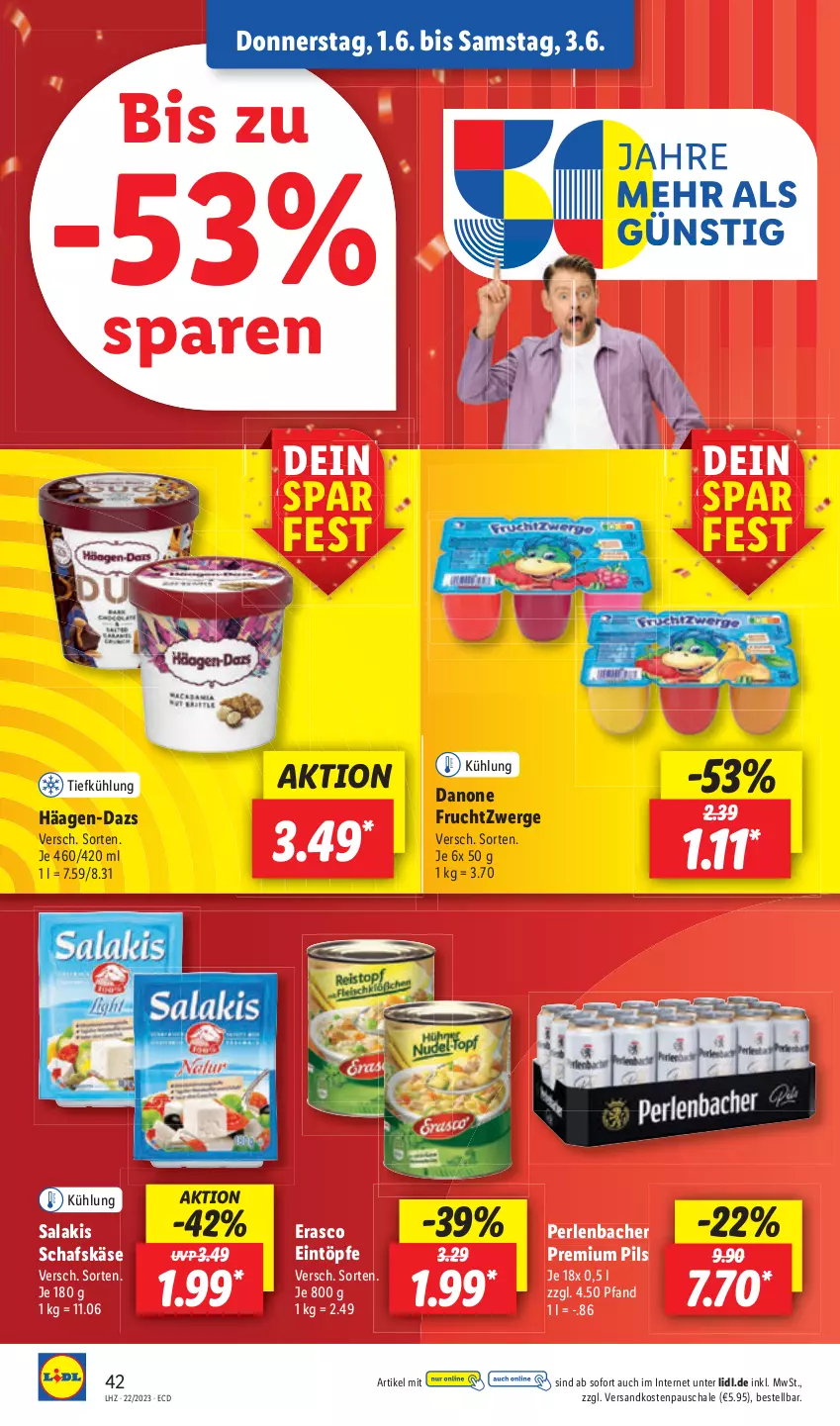 Aktueller Prospekt Lidl - Aktionsprospekt - von 30.05 bis 03.06.2023 - strona 48 - produkty: danone, erasco, frucht, perlen, pils, premium pils, Ti