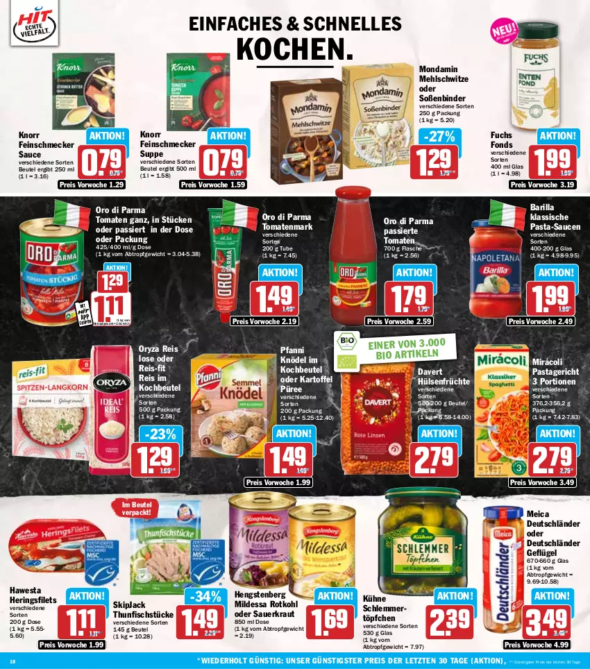 Aktueller Prospekt Hit - Wochenprospekt - von 24.03 bis 29.03.2025 - strona 10 - produkty: auer, barilla, beutel, bio, eis, elle, feinschmecker, filet, filets, fisch, flasche, früchte, Geflügel, hawesta, hengstenberg, hering, Herings, heringsfilets, hülsenfrüchte, kartoffel, Knödel, knorr, kochbeutel, Kraut, Kühne, mehl, meica, Mirácoli, mondamin, oro di parma, oryza, pasta, pasta-sauce, Pastagericht, pfanni, püree, reis, reis-fit, ring, rotkohl, sauce, saucen, Sauerkraut, schlemmertöpfchen, senf, Soße, suppe, thunfisch, Ti, tomate, tomaten, tomatenmark, Töpfchen, ZTE