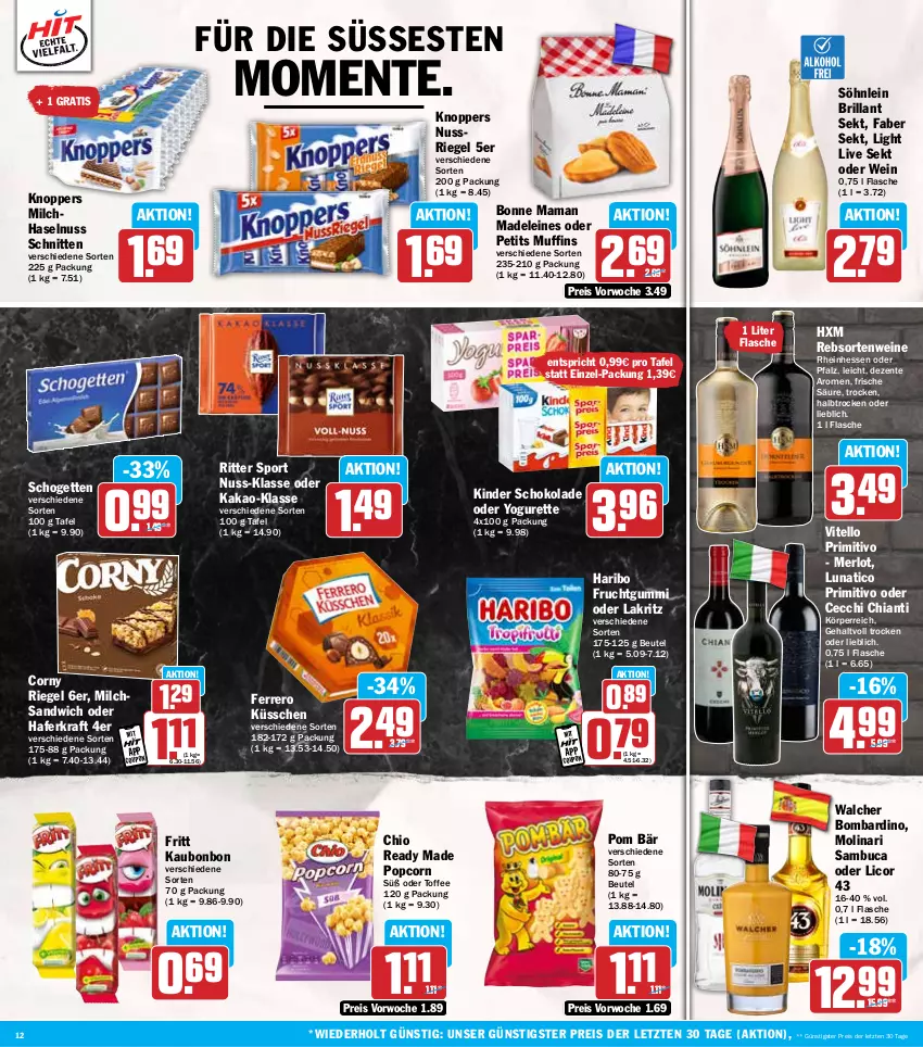 Aktueller Prospekt Hit - Wochenprospekt - von 24.03 bis 29.03.2025 - strona 12 - produkty: beutel, bonne maman, brillant sekt, chia, chianti, corny, coupon, eis, ente, ferrero, Ferrero Küsschen, flasche, frucht, fruchtgummi, hafer, haribo, haselnuss, kakao, Kinder, kinder schokolade, knoppers, kraft, Lakritz, leine, licor, licor 43, mam, merl, merlot, milch, Molinari, Muffin, muffins, nuss, nussriegel, oder lakritz, oder yogurette, popcorn, primitivo, rebsortenweine, reis, riegel, ritter, ritter sport, sambuca, sandwich, schnitten, schogetten, schoko, schokolade, sekt, söhnlein, söhnlein brillant, Sport, Ti, wein, weine, Yo, yogurette, ZTE