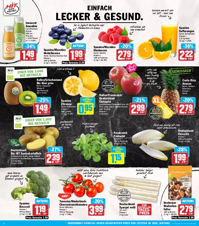 Aktueller Prospekt Hit - Wochenprospekt - von 24.03 bis 29.03.2025 - strona 2 - produkty: ananas, auer, beere, beeren, Berger, berliner, beutel, bio, bio hit, broccoli, deutscher spargel, discount, eis, elle, ente, feldsalat, flasche, fleisch, frucht, fruchtfleisch, heidelbeere, heidelbeeren, himbeer, himbeere, himbeeren, Innocent, joghur, joghurt, kartoffel, kartoffeln, kiwi, kuchen, LG, Lusti, mac, nuss, obst, orange, orangen, Pfannkuchen, Pink Lady, Rauch, reis, saft, Saftorangen, salat, salate, Salus, Schal, Schale, seeberger, smoothie, spargel, speisekartoffeln, strauchtomaten, studentenfutter, Ti, tisch, tomate, tomaten, vita, Vitamin C, zitrone, zitronen, ZTE