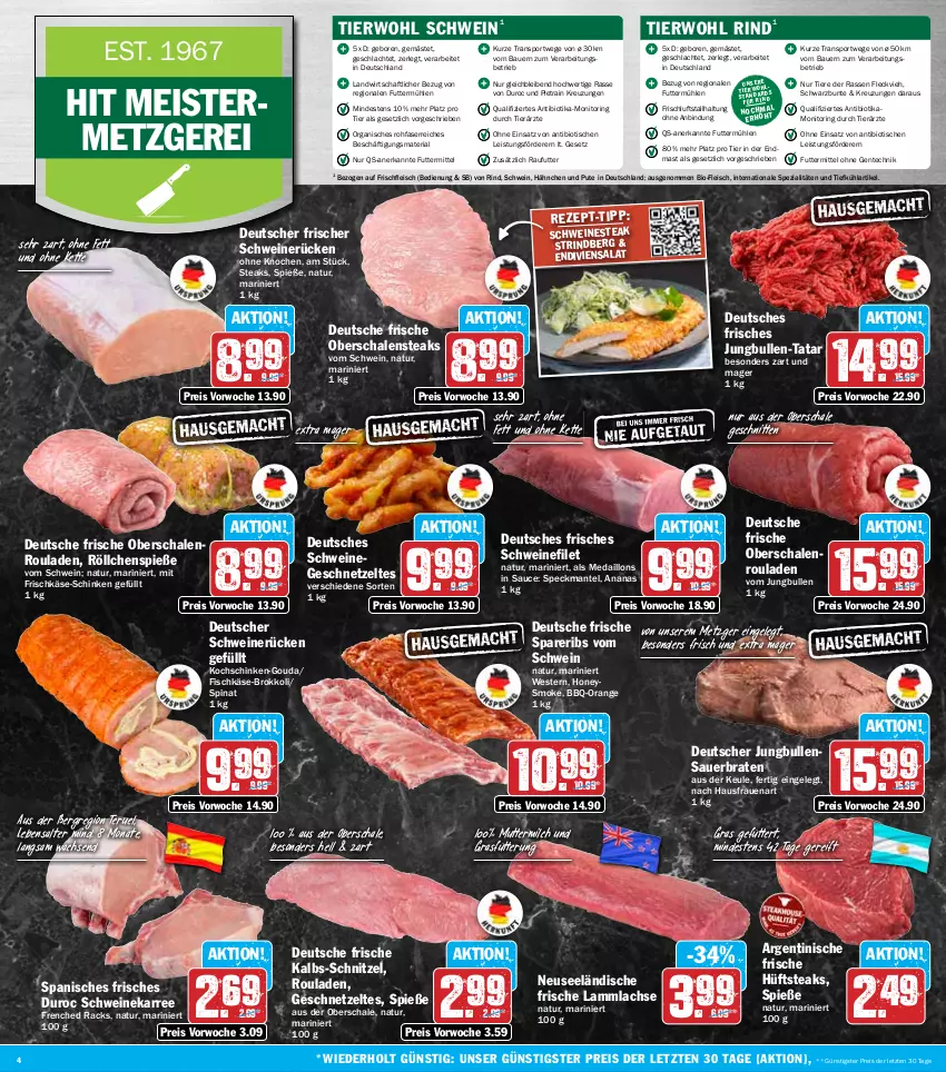 Aktueller Prospekt Hit - Wochenprospekt - von 24.03 bis 29.03.2025 - strona 4 - produkty: ananas, auer, Bau, Bauer, bio, braten, brokkoli, eis, ente, filet, fisch, fleisch, frischkäse, Geflügel, geschnetzeltes, gouda, hüftsteak, hüftsteaks, jungbullen, Käse, Kette, kochschinken, lachs, lamm, lammlachse, Mantel, medaillons, Meister, milch, monitor, natur, Nestea, Oberschalenrouladen, orange, pute, reis, Ria, rind, ring, rouladen, salat, sauce, Schal, Schale, schinken, schnitten, schnitzel, schwein, schweine, schweinefilet, schweinerücken, spareribs, Speck, Spezi, spinat, Sport, steak, steaks, Ti, Tiere, tisch, wein, weine, Weste, Zelt, ZTE