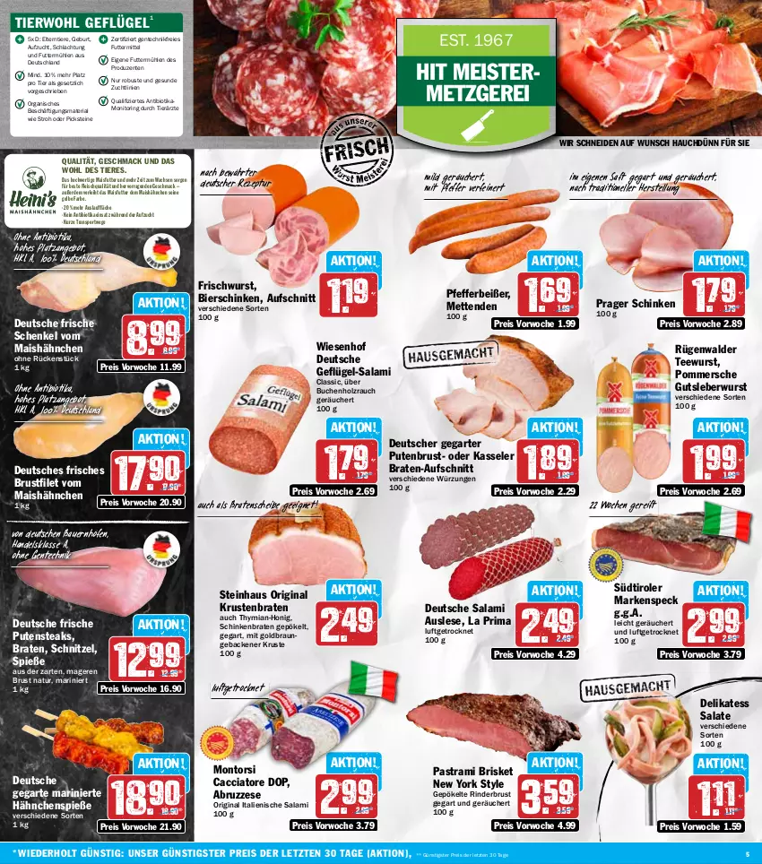 Aktueller Prospekt Hit - Wochenprospekt - von 24.03 bis 29.03.2025 - strona 5 - produkty: ACC, angebot, Astra, auer, aufschnitt, Bau, Bauer, bier, bierschinken, bio, braten, braun, brustfilet, buch, eis, elle, ente, erde, filet, fleisch, geback, Geflügel, gin, gutsleberwurst, henkel, Holz, honig, kasseler, krustenbraten, leberwurst, mac, mais, Meister, Mett, metten, Mettenden, monitor, montorsi, natur, pastrami, pfeffer, Pfefferbeißer, Pommersche, pute, putenbrust, putensteaks, Rauch, reis, rezept, Ria, rind, rinder, ring, rügenwalder, saft, salami, salat, salate, schenkel, schinken, schinkenbraten, schnitzel, Speck, Sport, steak, steaks, steinhaus, südtiroler, tee, teewurst, Ti, Tiere, wiesenhof, wurst, Yo, ZTE