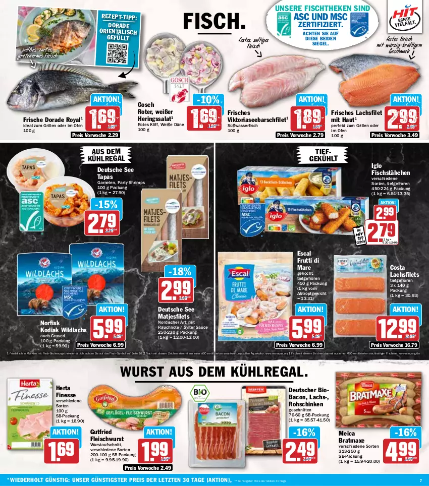 Aktueller Prospekt Hit - Wochenprospekt - von 24.03 bis 29.03.2025 - strona 7 - produkty: aqua, aufschnitt, aus dem kühlregal, axe, bacon, bio, bratmaxe, coupon, Dorade, dorade royal, eis, escal, filet, filets, finesse, fisch, fische, Fischer, fischstäbchen, fischtheke, fleisch, fleischwurst, frischfisch, frutti di mare, garnelen, grill, gutfried, hering, Herings, herta, herta finesse, ideal zum grillen, iglo, kühlregal, lachs, lachsfilet, lachsfilets, mac, matjes, Matjesfilet, matjesfilets, meica, Ofen, Rauch, regal, reis, Ria, ring, rohschinken, saft, salat, sauce, Schere, schinken, schnitten, Sylter, Tapas, Ti, wasser, Wild, wildlachs, wurst, ZTE