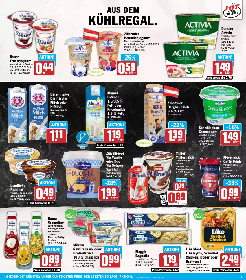 Aktueller Prospekt Hit - Wochenprospekt - von 24.03 bis 29.03.2025 - strona 9 - produkty: activia, auer, aufstrich, aus dem kühlregal, baguette, bärenmarke, Bau, Bauer, Becher, bratwurst, brot, brotaufstrich, creme, danone, danone activia, drink, eis, flasche, frische milch, frucht, fruchtjoghurt, gewürz, gewürzquark, gyros, Heu, heumilch, joghur, joghurt, kühlregal, landliebe, Like Meat, meggle, milch, milram, mövenpick, Müller, müllermilch, natur, pudding, quark, rama, rama cremefine, regal, reis, schnitzel, schoko, Ti, vanille, wurst, ZTE