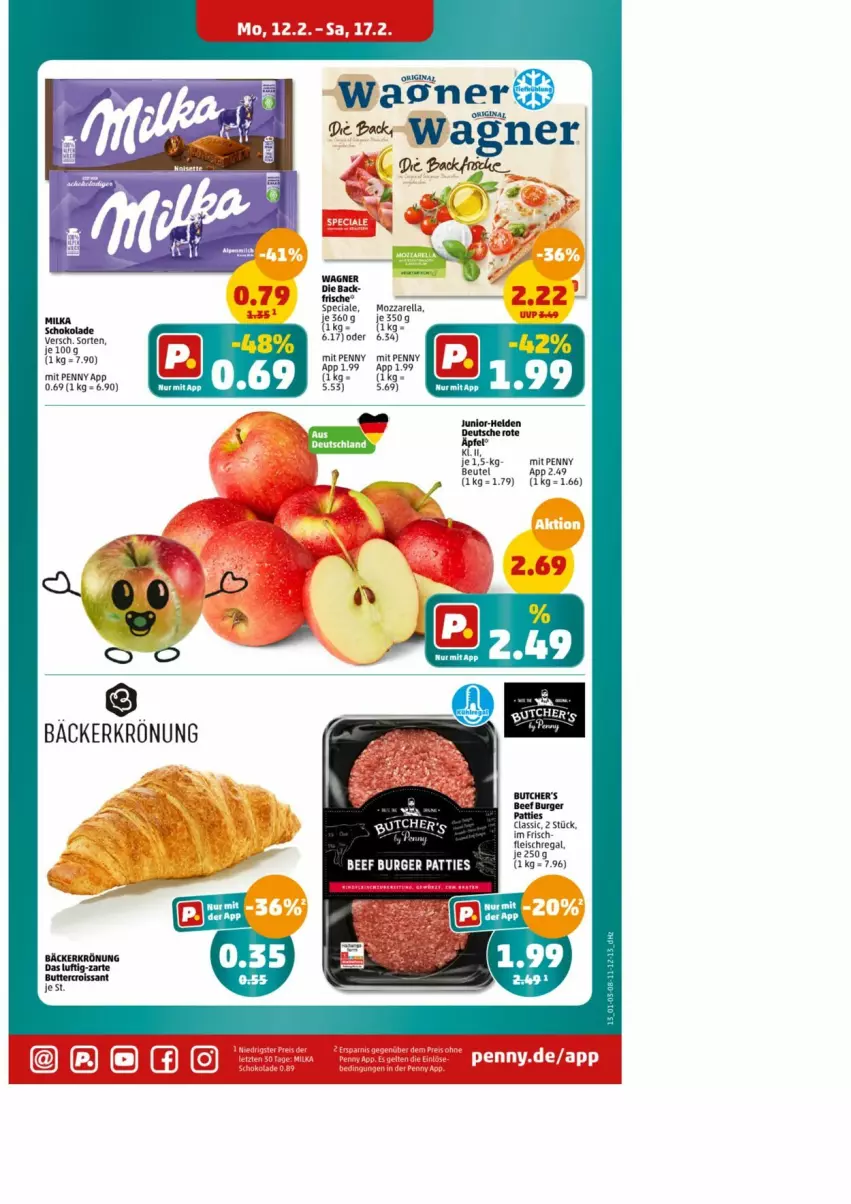 Aktueller Prospekt Penny - Prospekte - von 16.02 bis 17.02.2024 - strona 13 - produkty: beef, burger, butcher's, butter, Croissant, eis, fleisch, hero, milka, milka schokolade, mozzarella, regal, rel, schoko, schokolade, Ti, wagner