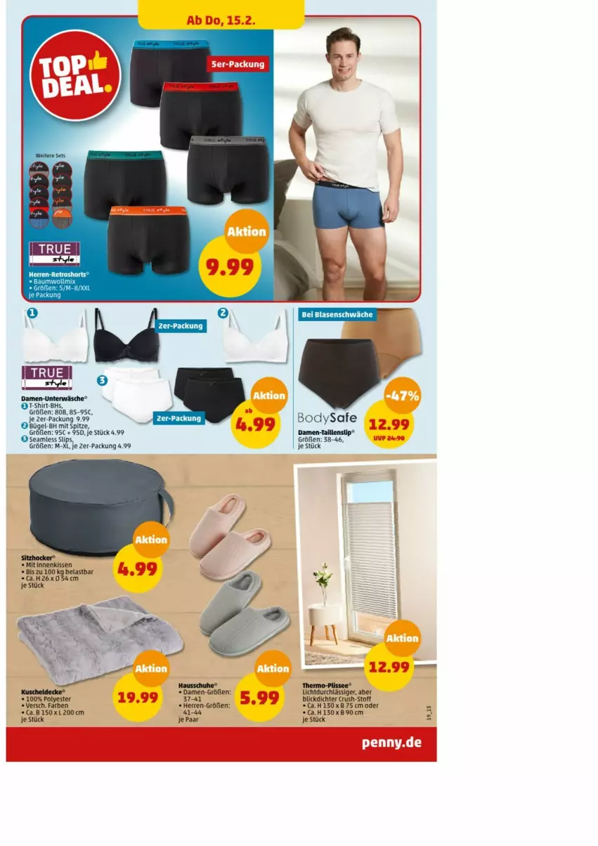 Aktueller Prospekt Penny - Prospekte - von 16.02 bis 17.02.2024 - strona 19 - produkty: body, Hausschuhe, hocker, kissen, Mode, schuhe, shirt, slip, slips, T-Shirt